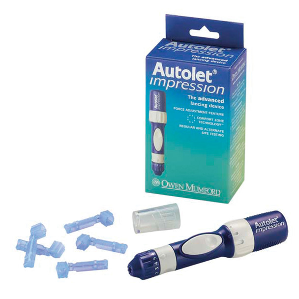 Owen Mumford MUMFORD AUTOLET® AT0270 Autolet Impression, Includes: Device, 3 Unilet Lancets, 1 Depth Adjuster, 1 Alternate Site End Cap & Instructions for use (US & Canada Only) , each