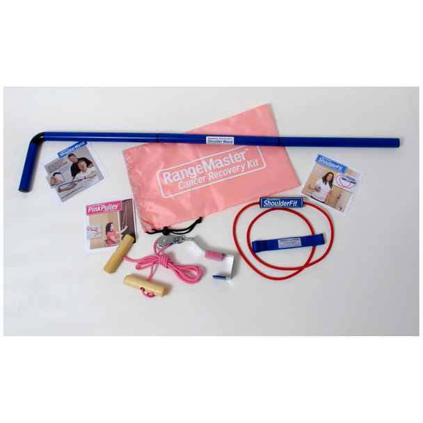Therapeutic Dimensions, Inc. BCRK Breast Cancer Recovery Kit includes RangeMaster™ home exercise pulley system with webbing strap; ShoulderFit™ strength tubing with a plastic Thera-Loop Handle™ and theThera-Loop™ webbing door anchor; ShoulderWand™ st