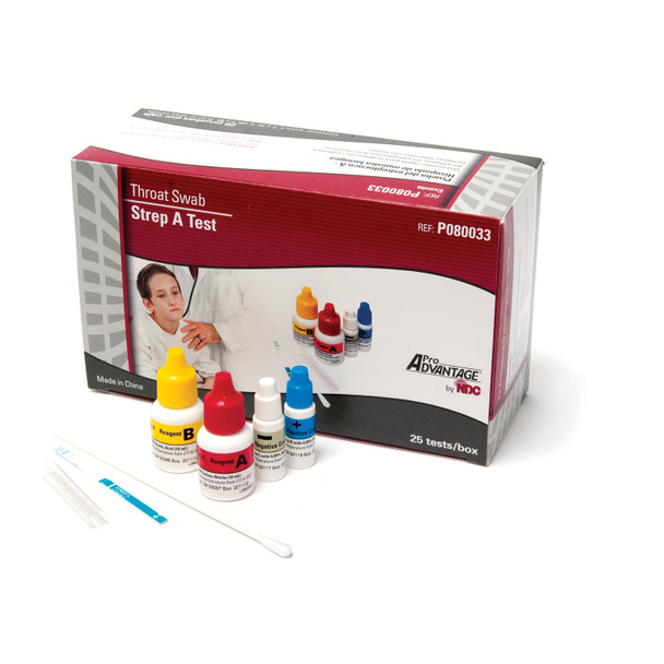 Pro Advantage ADVANTAGE® P080033 Includes 25 Strep A Test Strips, 25 Swabs, 25 Extraction Tubes, 1-10mL Reagent A, 1-10mL Reagent B, 1-1mL Positive Control, 1-1mL Negative Control, Package Insert, Procedure Card, CLIA Waived, 25 tst/bx (10/cs, 64 cs/