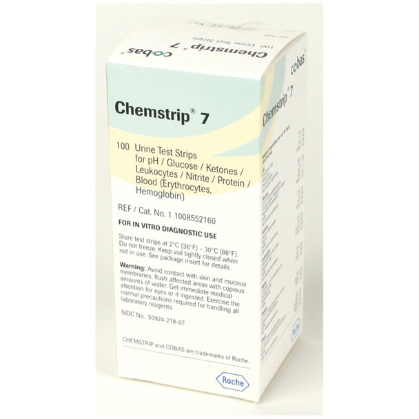 Roche Diagnostics Corp. CHEMSTRIP® 11008552160 Chemstrip 7 (Leukocytes, pH, Protein, Glucose, Nitrite, Ketone, Blood), CLIA Waived, 100/vial (Minimum Expiry Lead is 90 days) (Item is Non-Returnable) (Continental US Only) , each