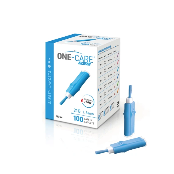 MediVena ONE-CARE® 1004 Safety Lancet, 21G x 1.8mm, Normal Flow, Contact Activated, Blue, 100/bx , box