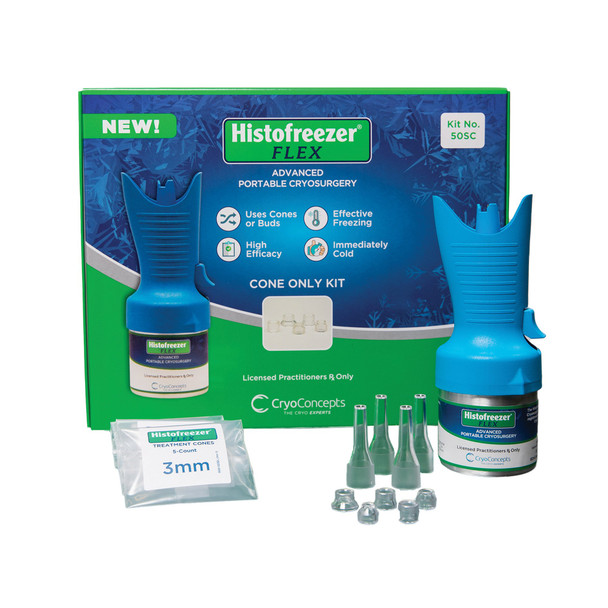 CryoConcepts HISTOFREEZER® 200-4051 Histofreezer® Flex Kit, 50SC, Contains: (1) Canist of Cryogen, (80) Cones - 3mm, 5mm, 7mm, 9mm, 12mm, (4) Cone Adaptors, (1) Release Clip, (1) Cone Selection Guide, (1) Practice Pad, (1) Instructions for Use, (1) P