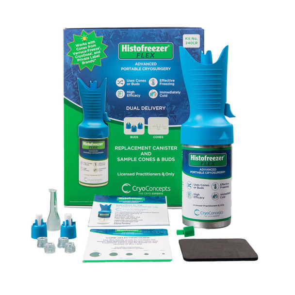 CryoConcepts HISTOFREEZER® 200-2000 Histofreezer® Flex Replacement Canister, 240LR, Kit Contains: (1) 222ml Canister of Cryogen, (1) Sample Pack - 2 Buds, 4 Cones, 1 Cone Adapter, (1) Release Clip, (1) Cone Selection Guide, (1) Practice Pad, (1) Inst