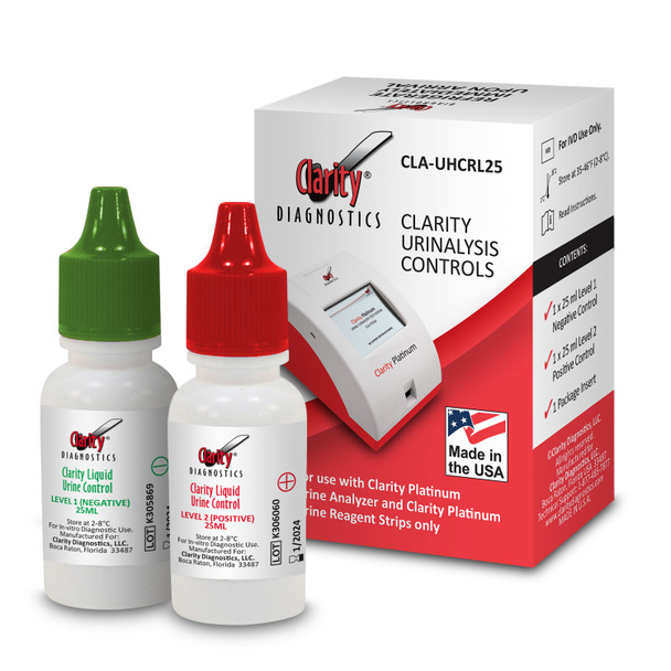Clarity Diagnostics, LLC CLA-UHCRL25 Clarity Platinum Urinalysis Controls, with (1) 25 ml Level1/Negative and (1) 25 ml Level2/Positive, For use ONLY with Clarity Platinum Urine Analyzer ONLY and Visual Read Clarity Microalbumin - Creatinine Test Str