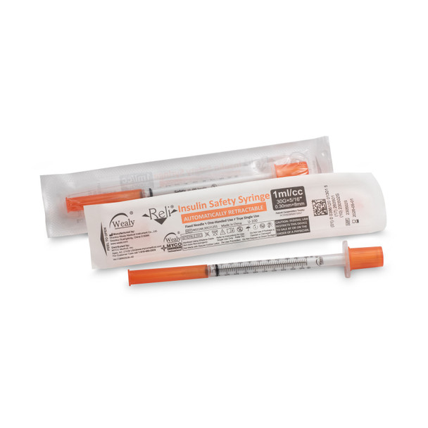 Myco Medical RELI® WEALY® INSS1ML30G31251 Safety Insulin Hypodermic Needle with 1mL Syringe, 30G x 5/16in., 100/bx (Available for Sale in US & Canada) , box