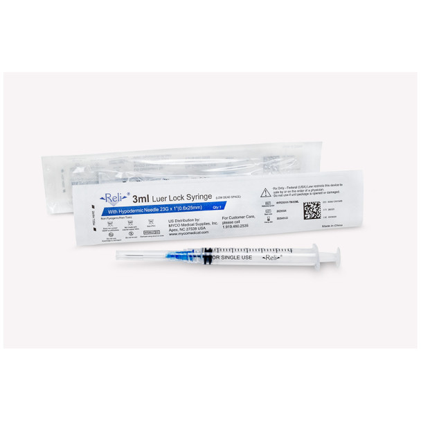 Myco Medical RELI® HYP23G101-TW-S3ML Syringe with Detachable Hypodermic Needle, 3 mL, 23G x 1in., Low Dead Space, Thin Wall, Regular Bevel, 100/bx (US Only) , box