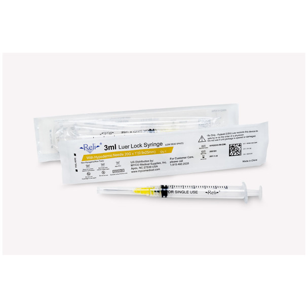 Myco Medical RELI® HYP20G101-RW-S3ML Syringe with Detachable Hypodermic Needle, 3 mL, 20G x 1in., Low Dead Space, Regular Wall/Bevel, 100/bx (US Only) , box