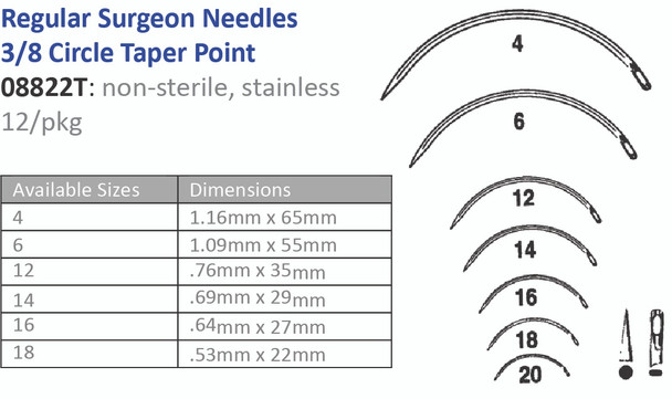 Cincinnati Surgical Company 08822T-12 Suture Needle, Size 12, Regular Surgeons, 3/8 Circle Taper Point, 12/pk
