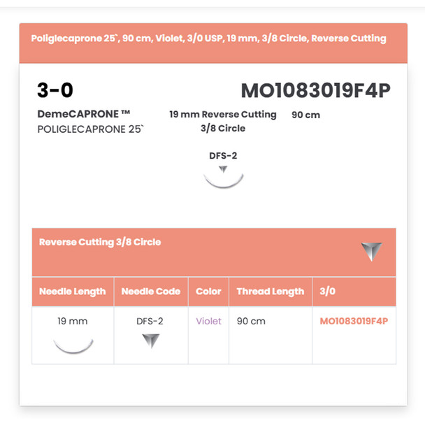 Demetech p/n MO1083019F4P Poliglecaprone 25` Suture, 90 cm, Violet, 3/0 USP, 19 mm, 3/8 Circle, Reverse Cutting, 12/Box