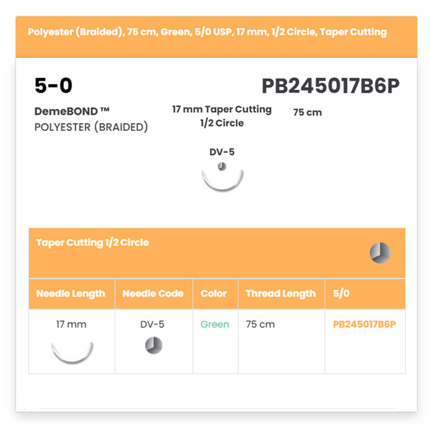 Demetech p/n PB245017B6P Polyester (Braided) Suture, 75 cm, Green, 5/0 USP, 17 mm, 1/2 Circle, Taper Cutting, 12/Box