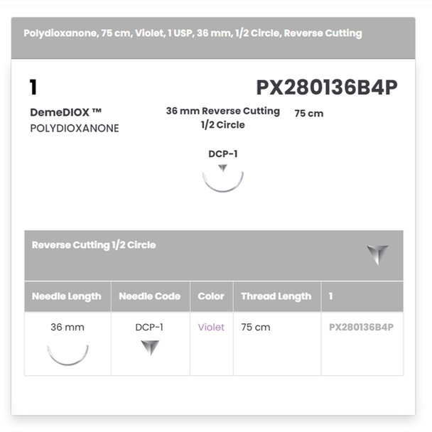 Demetech p/n PX280136B4P Polydioxanone Suture, 75 cm, Violet, 1 USP, 36 mm, 1/2 Circle, Reverse Cutting, 12/Box