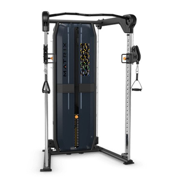 Matrix Fitness GO-FT3 GO Series FT3 Functional Trainer. Weight stack: 300 lbs (136 kg) actual weight. 1:2 pulley ratio with both handles in use; 1:4 pulley ratio using one handle. Compact overall height (83.5in. / 212 cm). (DELIVERY SITE SURVEY REQUI