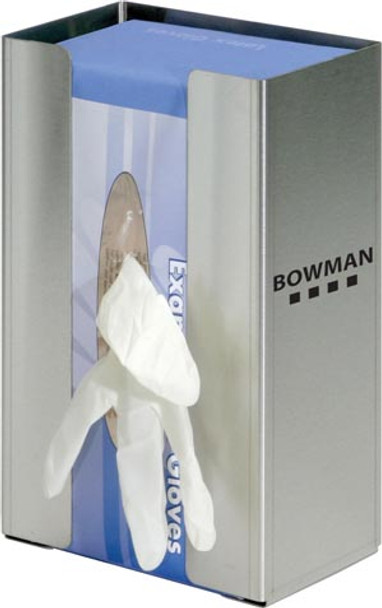 GS-073 Bowman Manufacturing Company, Inc. Glove Box Dispenser, Single, Large Capacity with Flexible Spring, Holds One Box of Gloves, Two-Way Keyholes For Vertical or Horizontal Wall Mounting, Stainless Steel, 6 1/2 in. W x 9 15/16 in. H x 3 13/16 in.