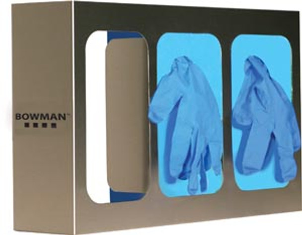 GS-123 Bowman Manufacturing Company, Inc. Glove Box Dispenser, Triple with Dividers, Holds Three Boxes of Gloves, Two-Way Keyholes For Vertical or Horizontal Wall Mounting, Stainless Steel, 15 7/8 in. W x 10 in. H x 3 13/16 in. D, 4/cs (Made in USA)