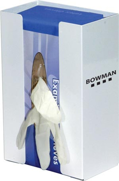 GB-074 Bowman Manufacturing Company, Inc. Glove Box Dispenser, Single, Large Capacity with Flexible Spring, Holds One Box of Gloves, Two-Way Keyholes For Vertical or Horizontal Wall Mounting, White Powder Coated Steel, 6 1/22 in. W x 9 15/16 in. H x