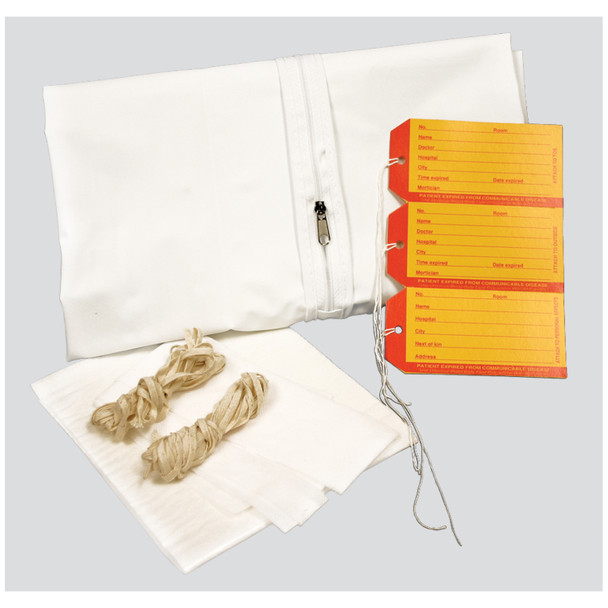 Precision Dynamics (formerly PDC Timemed) 55721-00-MBC Pediatric Cadaver Bag, 28in. x 46in., White, Straight Zipper, 3 White & 3 Yellow ID Tags, Plus 1 Chin Strap, 2 Cellulose Pads, 2-60in. Ties, 3-36in. Ties & Instruction Sheet, 5 mil Vinyl, 10/cs ,