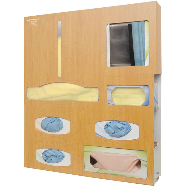 PS016-0223 Bowman Manufacturing Company, Inc. Protection System, Two Sections Hold Variety of Gowns, 3 Boxes of Gloves, One Box of Earloop Face Mask, One Box of Shield Style Face Mask & Storage Shelf, Keyholes For Wall Mounting & Door Hanger Cut Out,