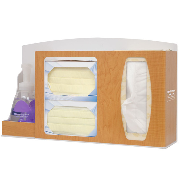 RS001-0223 Bowman Manufacturing Company, Inc. Signature Series Respiratory Hygiene Station, Holds Two Boxes of Face Masks, 1-2 Boxes of Facial Tissue & 1 Hand Sanitizer Bottle or Hand Sanitizing Wipe Canister, Keyholes For Wall Mounting, Stand Mounta