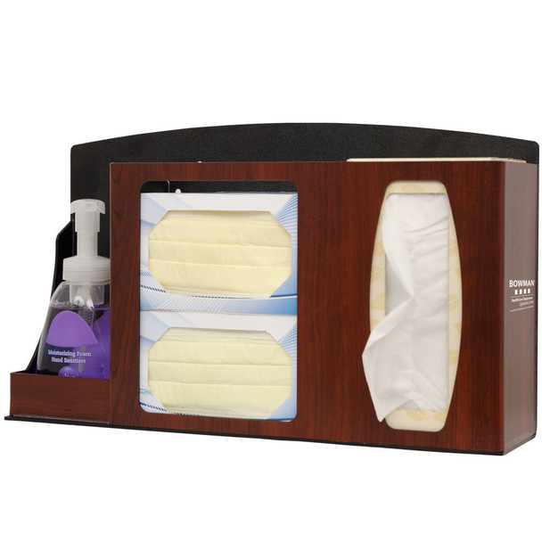 RS001-0233 Bowman Manufacturing Company, Inc. Signature Series Respiratory Hygiene Station, Holds Two Boxes of Face Masks, 1-2 Boxes of Facial Tissue & 1 Hand Sanitizer Bottle or Hand Sanitizing Wipe Canister, Keyholes For Wall Mounting, Stand Mounta