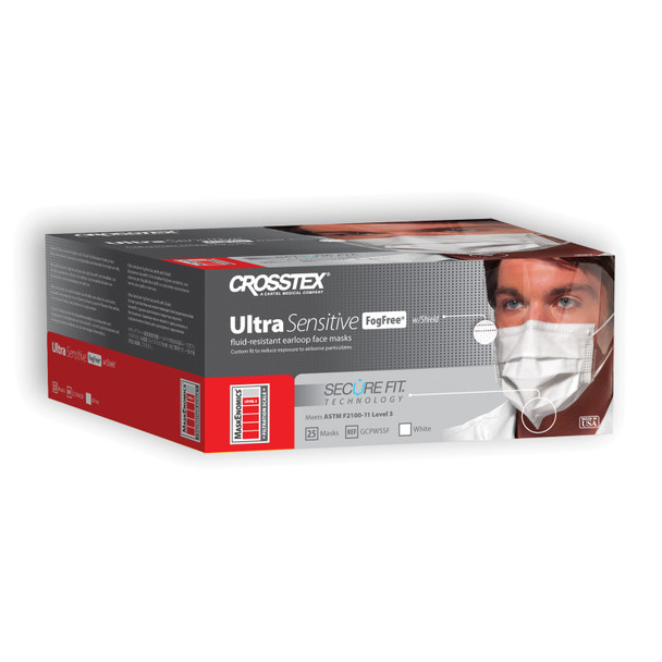 Crosstex International GCPWSSF ASTM Level 3 Earloop Mask, Splash Shield, Fog Free, White, 25/bx, 4 bx/ctn , carton