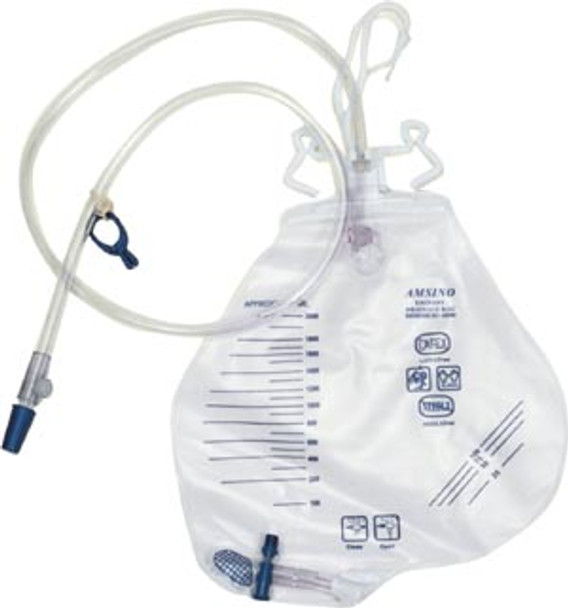 AS322 Amsino International, Inc. Drainage Bag, 2000mL, Anti-Reflux Chamber, Pre-Pierced Needle Free Sampling Port (Luer Slip or Blunt Cannula Compatible), Universal Double Hook & Rope Hanger, T-Tap Drain Port, Sterile Fluid Pathway, 20/cs (60 cs/plt)