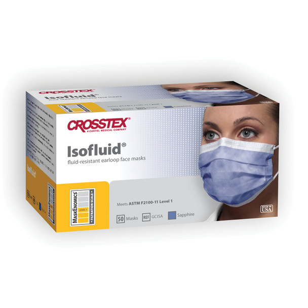 Crosstex International ISOFLUID® GCISA ASTM Level 1 Mask, Latex Free (LF), Sapphire, 50/bx, 10 bx/ctn , carton