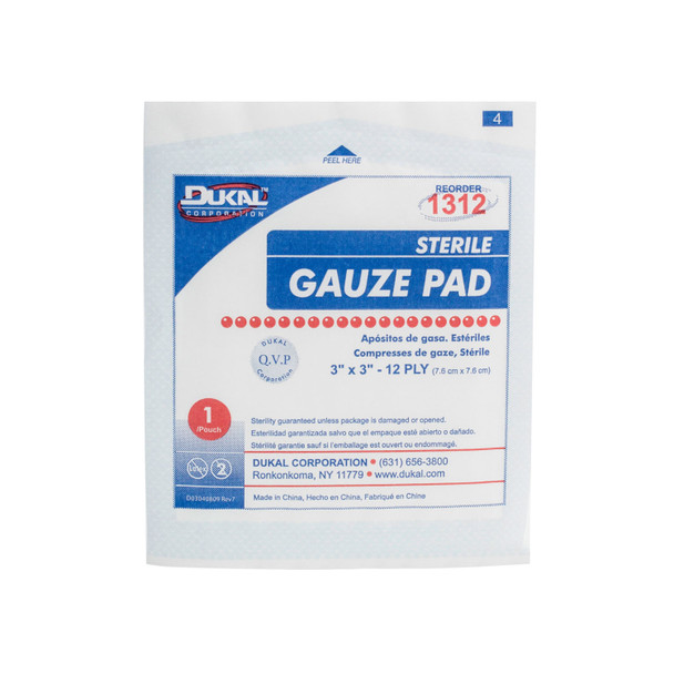 Dukal Corporation 1312 Gauze Pad, 3in. x 3in., 12-Ply, Sterile, 1/pk, 100 pk/bx, 24 bx/cs (30 cs/plt) , case
