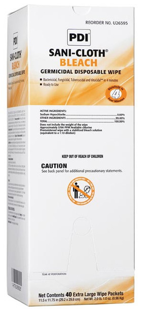 PDI - Professional Disposables, Intl. SANI-CLOTH® U26595 Bleach Germicidal Disposable Wipe, X-Large, 11½in. x 11¾in., 40 Individual Packs/bx, 3 bx/cs (100 cs/plt) (Minimum Expiry Lead is 90 days) (US Only) , case