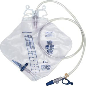 AS302 Amsino International, Inc. Drainage Bag, 2000mL, Anti-Reflux Device, Pre-Pierced Needle Free Sampling Port (Luer Slip or Blunt Cannula Compatible), Universal Double Hook & Rope Hanger, T-Tap Drain Port, Sterile Fluid Pathway, 20/cs