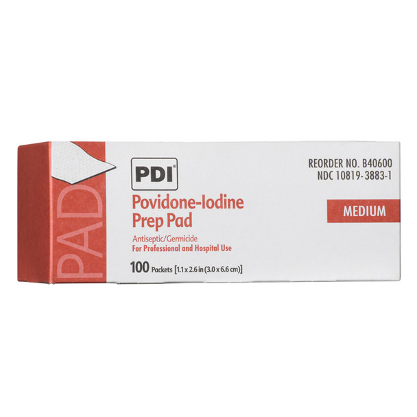 PDI - Professional Disposables, Intl. B40600 PVP Iodine Prep Pad, Medium, 1.1875in. x 2.625in., 100 pk/bx, 10 bx/cs (192 cs/plt) (US Only) , case