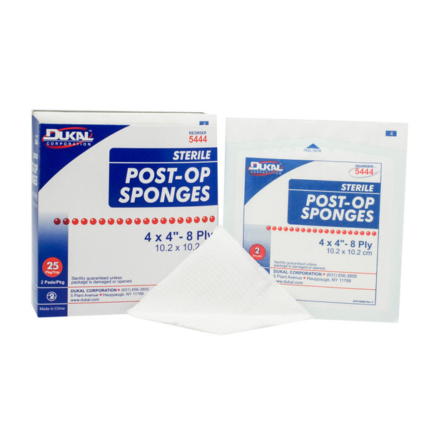 Dukal Corporation 5444 Sponge, 4in. x 4in. Sterile Post-Op, Gauze Facing, 2/pk, 25 pk/bx, 24 bx/cs , case