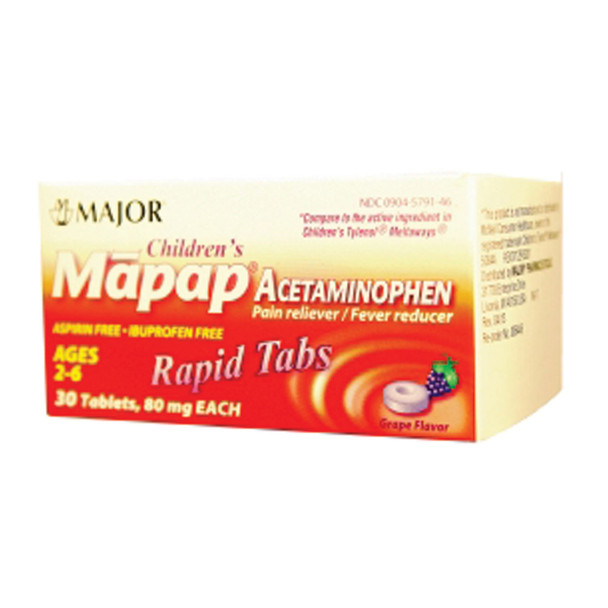 Major Pharmaceuticals 006446 Mapap, 80mg, Rapid Melt Tablets, 30s, Grape, Compare to Tylenol® Melt Tabs, NDC# 00904-5791-46 , each