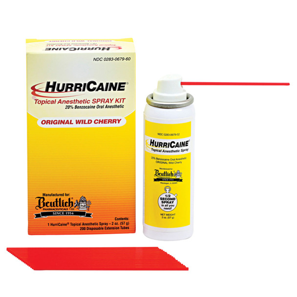 Beutlich LP Pharmaceuticals HURRICAINE® 0283-0679-60 Topical Anesthetic Spray Kit, 2 oz Can, Wild Cherry, 200 Disposable Extension Tubes (HAZMAT Fees Apply, cannot ship via Air or to AK, GU, HI, MP, PR, VI) (US Only) , each