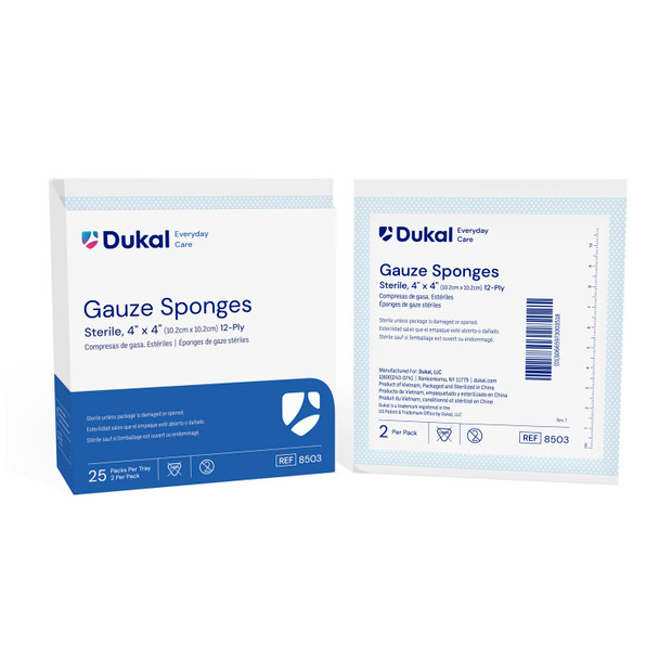 Dukal Corporation 8503 Gauze Sponge, 4in. x 4in., Sterile, 12-Ply, 2/pk, 25 pk/bx, 24 bx/cs (40 cs/plt) , case