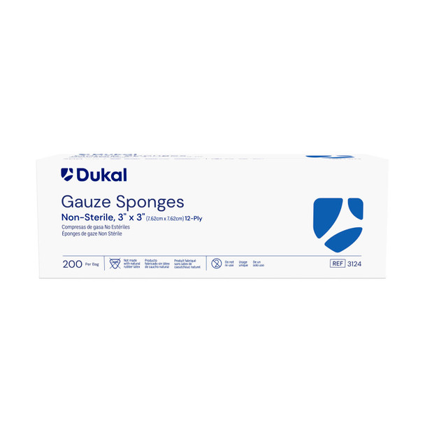 Dukal Corporation 3124 Gauze Sponge, 3in. x 3in., Non-Sterile, 12-Ply, 200/bg, 20 bg/cs , case