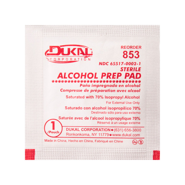 Dukal Corporation 853 Alcohol Prep Pads, Medium, 2-Ply, Sterile, 200/bx, 20 bx/cs (70 cs/plt) (Not Available for sale into Canada) , case