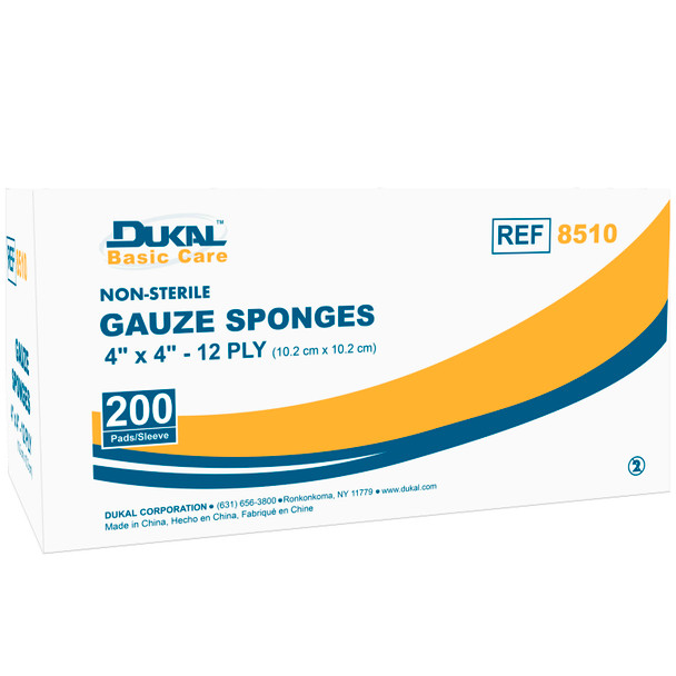 Dukal Corporation 8510 Gauze Sponge, 4in. x 4in., Non-Sterile, 12-Ply, 200/bg, 10 bg/cs (72 cs/plt) , case