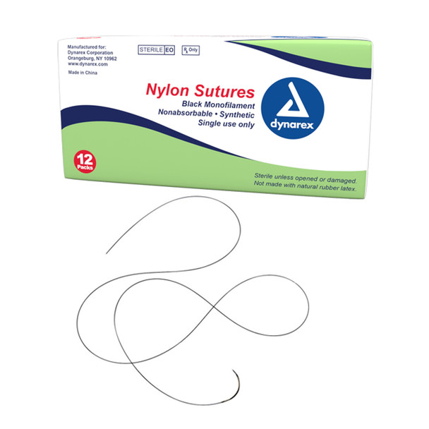9101 Dynarex Nylon Sutures-Non Absorbable Synthetic, Black, 6-0, C3 Needle, L-18", 12/BX