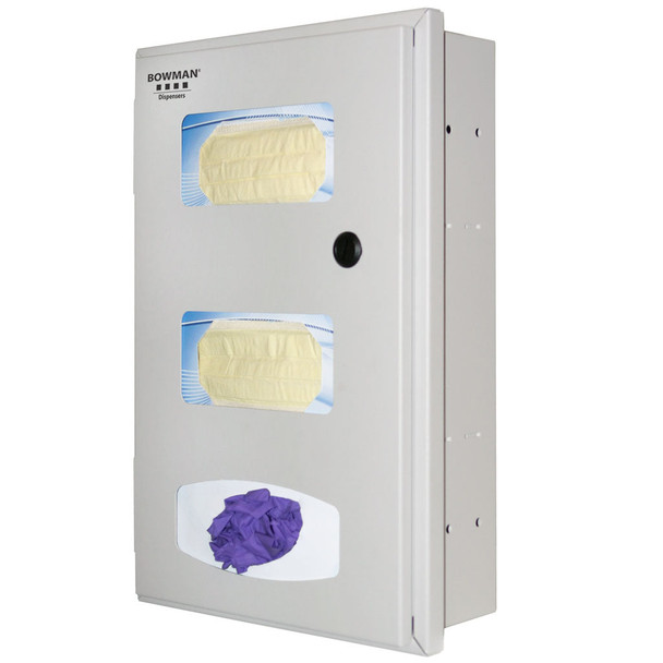 RE302-0012 Bowman Manufacturing Company, Inc. Semi-Recessed Face Mask & Tissue Dispenser, Holds Two Boxes of Face Masks and One Box of Facial Tissues or Gloves, Low Profile, Keyless Locking Mechanism, Screw Holes in Sides to Mount to Stud Framing in