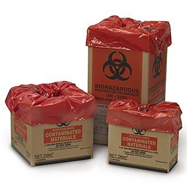 10-2002 Medegen Medical Products, LLC Biomedical Waste Container, Corrugated Box & Liner, Flat Pack, 2.5 Gal, 6 in.  x 10 3/4 in.  x 12 in. , Print: Biohazardous/ Infectious Waste, Biohazard Symbol, Color: Red/Black/Red, 30/cs ****Discontinued****