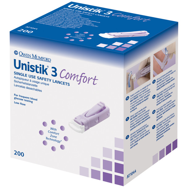 Owen Mumford MUMFORD UNISTIK® AT1044 Lancet, Comfort, 28G, 1.8mm Penetration Depth, Purple, 200/bx (US & Canada Only) , box