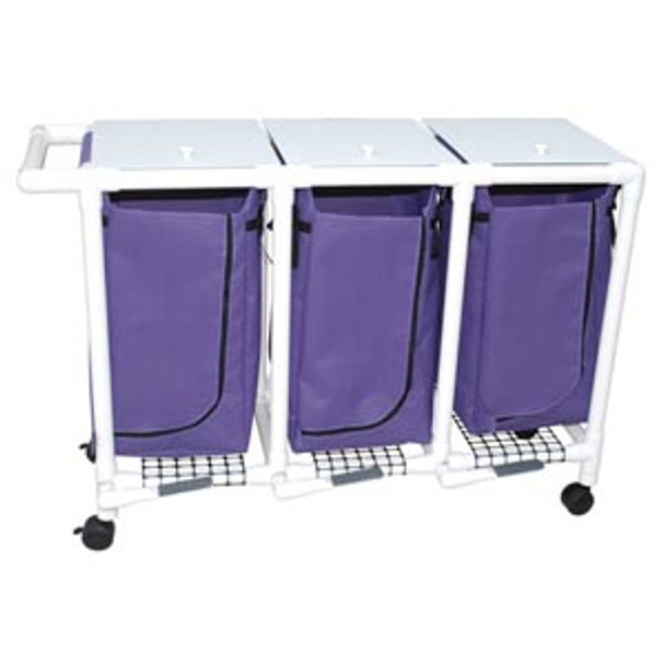 MJM International Corp. 214-T-FP Triple Hamper, Mesh Bags (33 Gal Capacity, Plastic Bag) 3in. Heavy Duty Threaded Stem Casters, Zipper Opening, Base Support for bag, Push/ Pull Handle & Footpedal , each