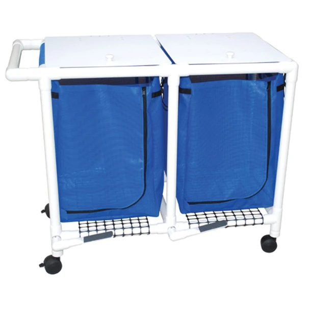 MJM International Corp. 218-D-FP Double Hamper, Mesh Bags (55 Gal Capacity, Plastic Bag) 3\in. Heavy Duty Threaded Stem Casters, Zipper Opening, Base Support for bag, Push/ Pull Handle & Footpedal , each