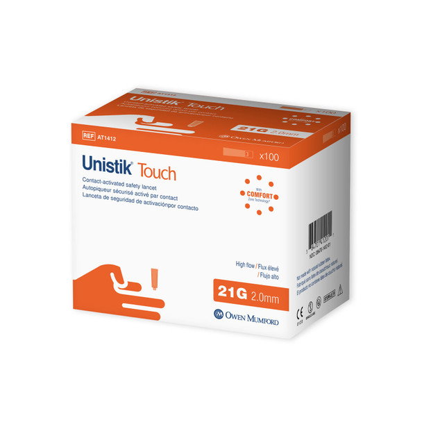 Owen Mumford MUMFORD UNISTIK® TOUCH™ AT1412 Safety Lancet, High Flow, 21G x 2.0mm, 100/bx (10 box minimum order) (US & Canada Only) , box