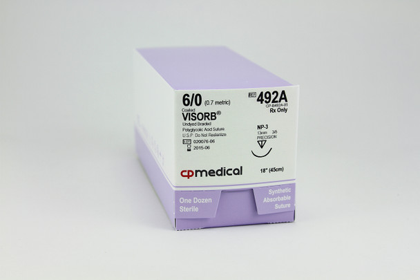 492A CP Medical Visorb Undyed Braided Polyglyolic Acid Absorbable Suture, 6-0, P-3 , 18"
