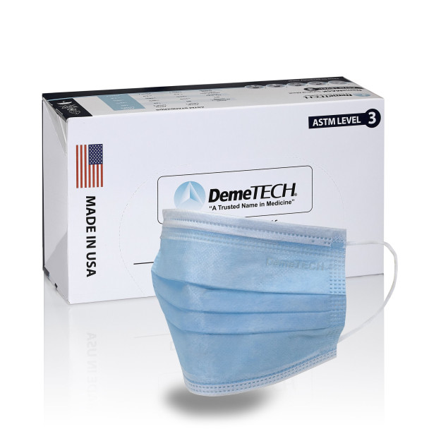 DemeTECH ASTM Level 3 Surgical Mask, 3 Ply, Earloop, 50/box (made in USA)