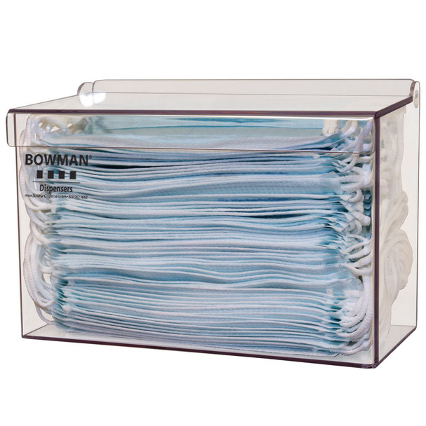 FM401-0111 Bowman Manufacturing Company, Inc. Face Mask Dispenser, Bulk w/ Lid, Lid Holds One Box of Earloop Face Masks in Lidded Compartment, 4 in.  Depth Meets Guidelines Set by ADA and CMS Keyholes for Wall Mounting Clear PETG Plastic, 8.25(W)x5.6
