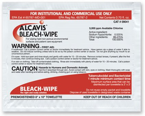 9041 Angelini Pharma Surface Disinfectant Alcavis® Bleach-Wipe Premoistened Wipe, NonSterile, Individual Packet, Disposable, Chlorine Scent, 100/box, 8 boxes/case