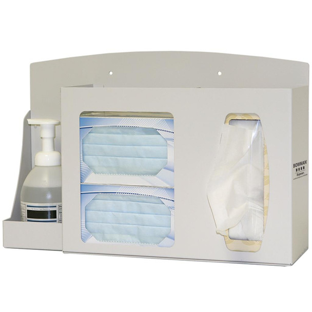 RS001-0412 Bowman Manufacturing Company, Inc. Respiratory Hygiene Station, Holds Two Boxes of Face Masks, One - Two boxes of Facial Tissues, and One Hand Sanitizer Bottle, Keyholes for Wall Mounting, Can Sit on a Counter, or Mount to a Floor Stand, Q