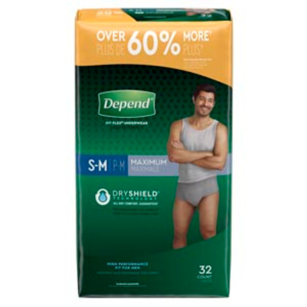 Kimberly-Clark Consumer DEPEND® 53748 Underwear, Maximum Absorbency, Small/ Medium, Men, Grey, 32/pk, 2 pk/cs , case